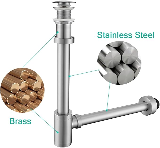 Brass Round Bottle P-Trap with Pop Up Drain Stopper,1 1/4 Adjustable Basin Sink Waste Drain Trap Kit Without Overflow,Brushed Nickel P Trap