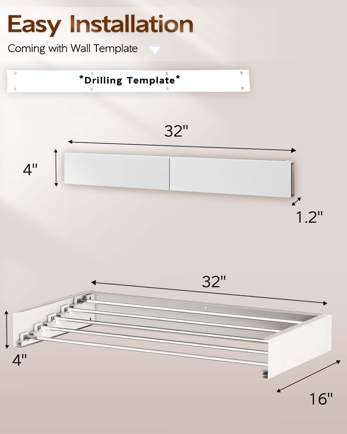 Foldable Wall Mounted Clothes Drying Rack - 32", Collapsible Laundry Drying Rack for Clothing & Towels - Includes Wall Template