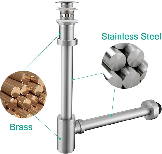 Brass Round Bottle P-Trap with Pop Up Drain Stopper with Overflow,1 1/4 Adjustable Basin Sink Waste Drain Trap Kit,Brushed Nickel P Trap