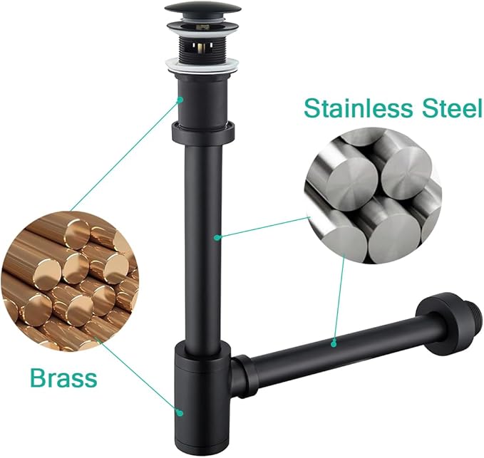 Brass Round Bottle P-Trap with Pop Up Drain Stopper with Overflow,1 1/4 Adjustable Basin Sink Waste Drain Trap Kit,Matte Black P Trap