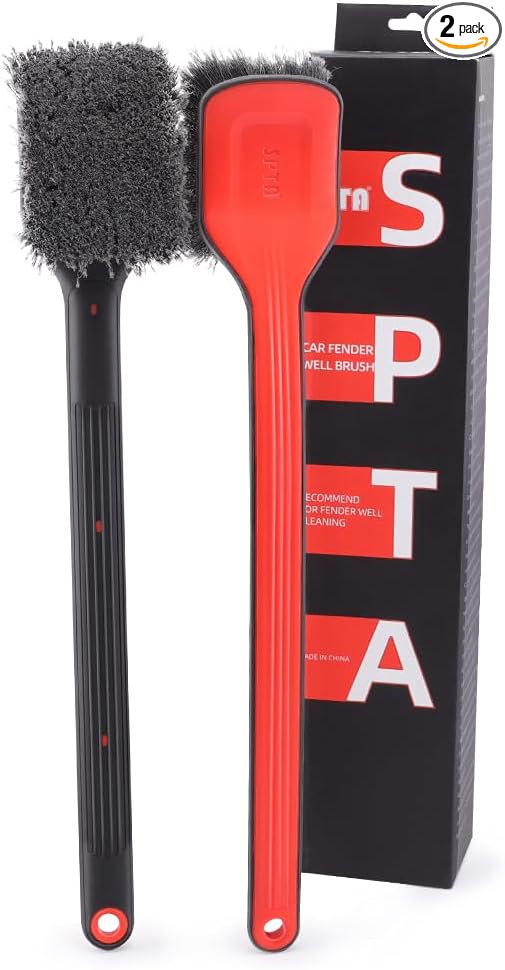 Fender Well Brush, 2Pcs Wheel Wells Cleaning Brush, Stiff Synthetic Bristles,Ergonomic Design Handle, Scrub Brush for Floor Mats, Car Wheel Hub Cleaning, Car Interior, Home Soft Flagged-Tip Bristles