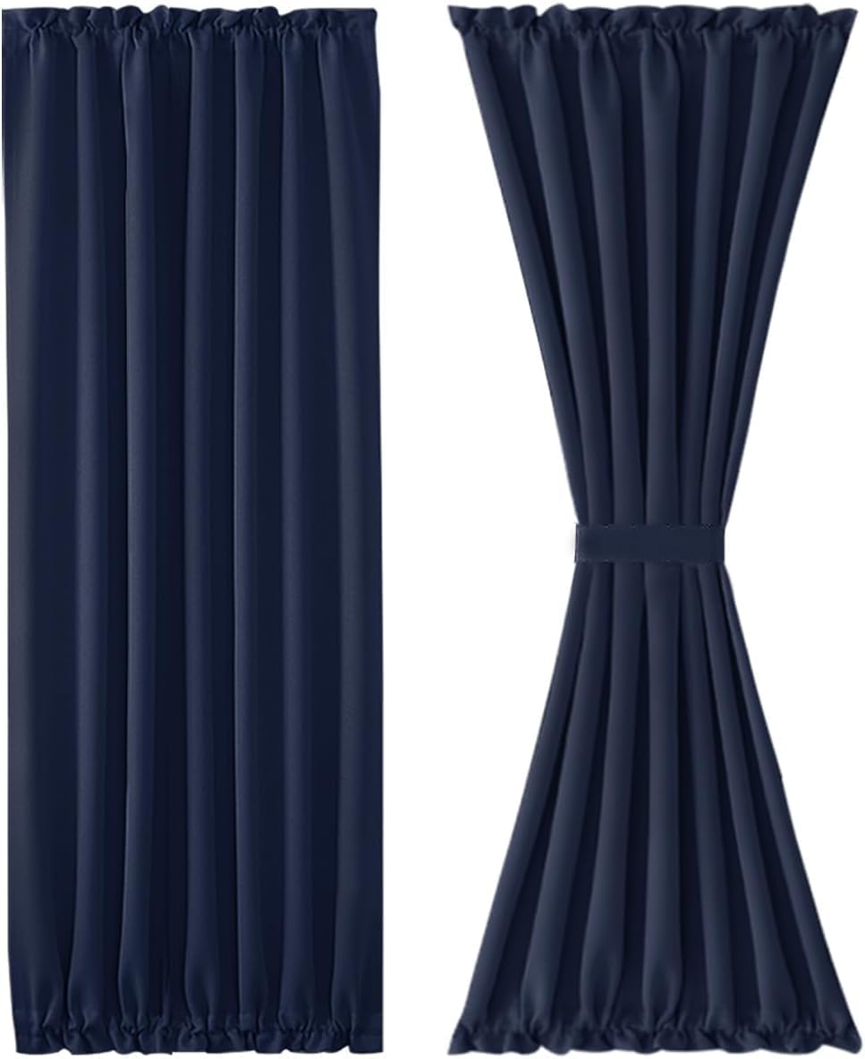 DWCN French Door Curtains – Rod Pocket Thermal Blackout Curtain for Doors with Glass Window, Kitchen and Patio Doors for Privacy, 36 X 80 Inches Long, 1 Curtain Panel with Tieback, Navy Blue