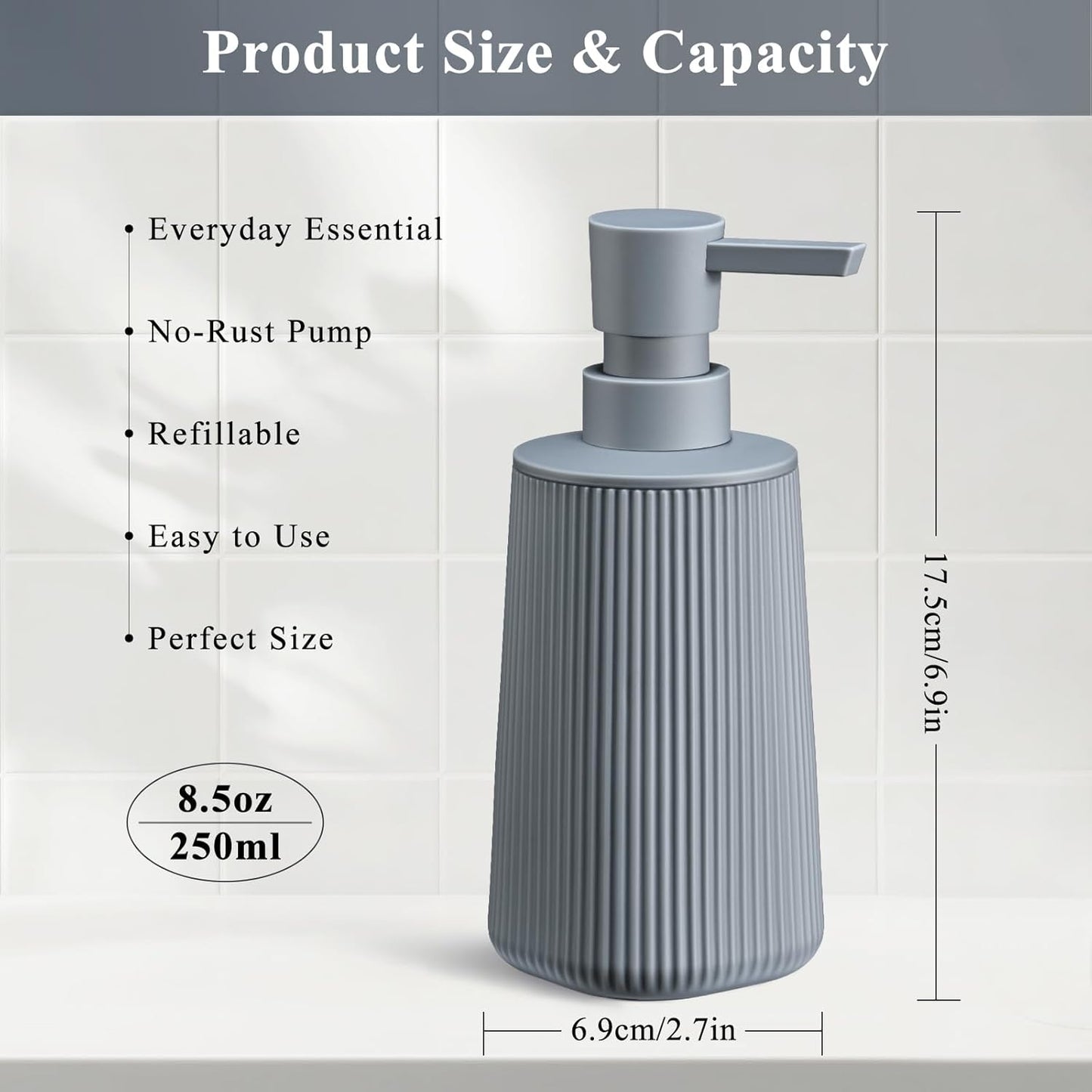 Gray Hand Soap Dispenser with No Rust Pump for Bathroom and Kitchen Countertops Refillable Striped Matte Plastic 8.5 oz