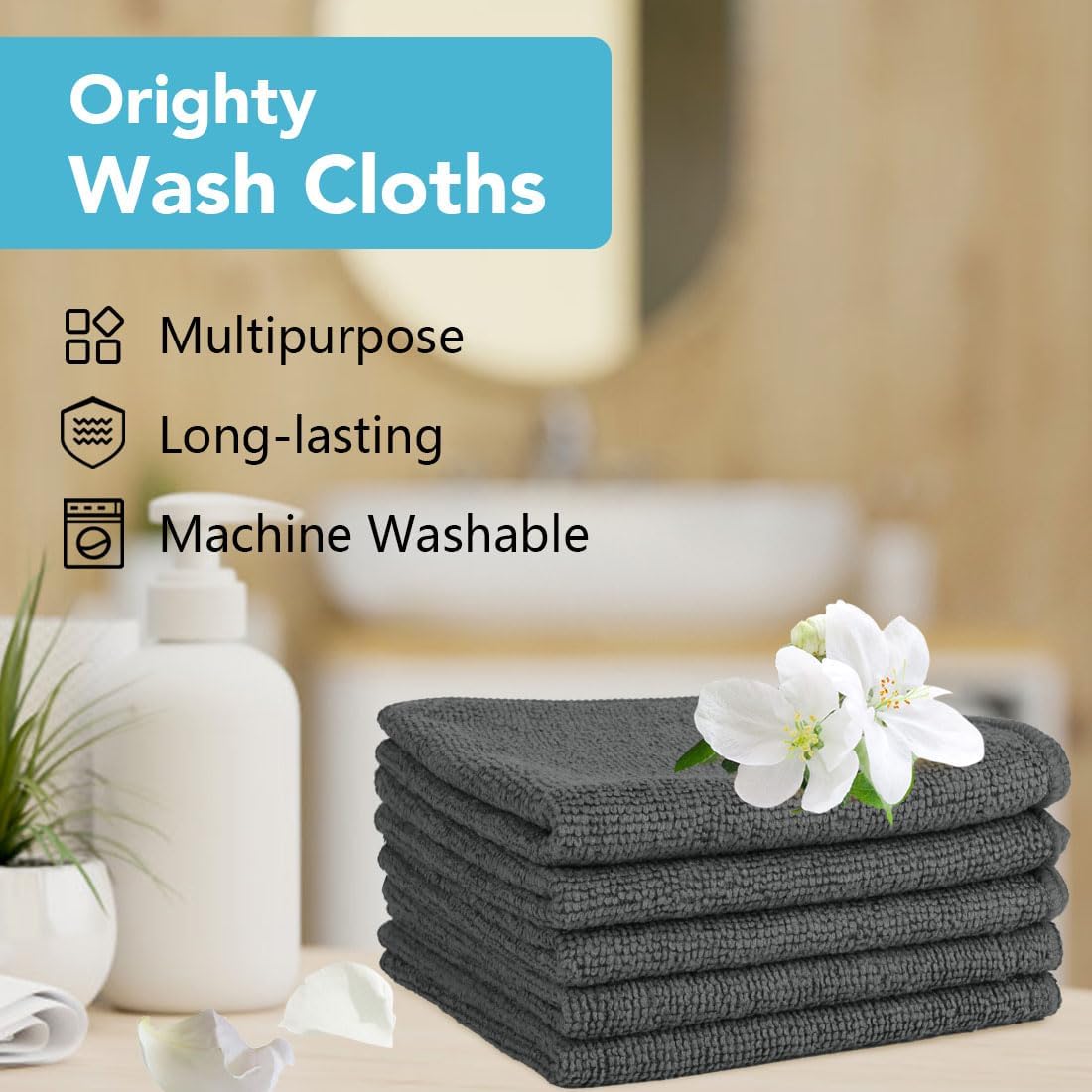Orighty Wash Cloths Bulk Towels Set 200 Pack, Highly Absorbent and Soft Feel Microfiber Face Cloths, Multi-Purpose Washcloths & Hand Towels for Bathroom, Hotel, Spa, and Gym, 12x12 Inch, Grey