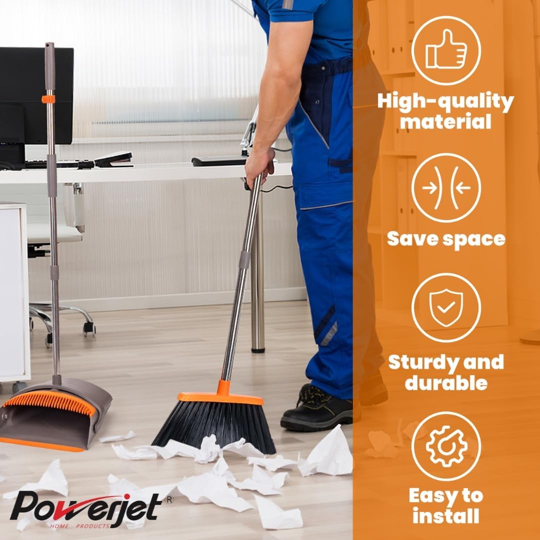 POWERJET Upright Broom & Dustpan Set (420900), Angled Lobby Broom, Exclusive Long Handle Extendable 52”, Self-Cleaning with Dustpan Teeth, Sweeping Indoor & Outdoor Home & Office Cleaning