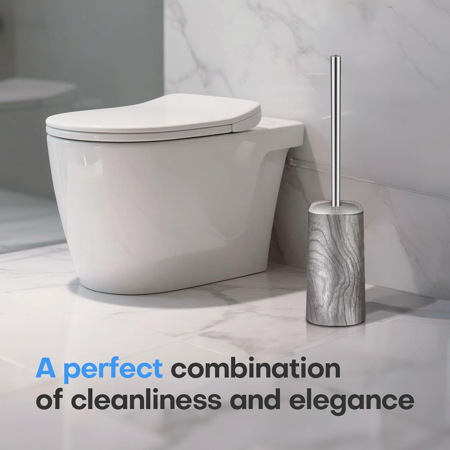 Marble Colored Toilet Brush and Holder Set,Stainless Steel Long Handle and Marble Colored Base for Bathroom Deep Cleaning,Space Saving for Storage,Drip-Proof,White