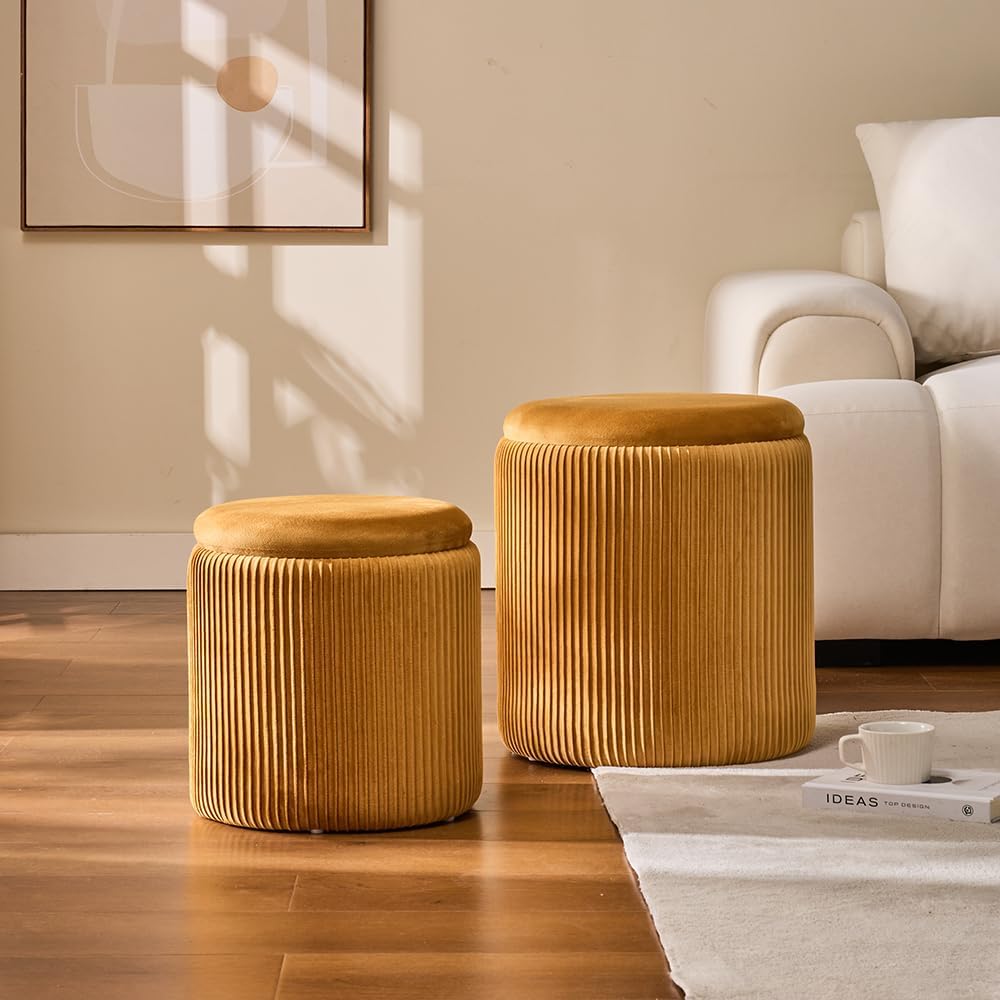 Round Set of 2 Ottoman with Storage-Upholstered Velvet Vanity Stool for Makeup Multifunctional Ottomans Coffee Table Padded Seat Foot Rest for Living Room&Bedroom (Yellow)