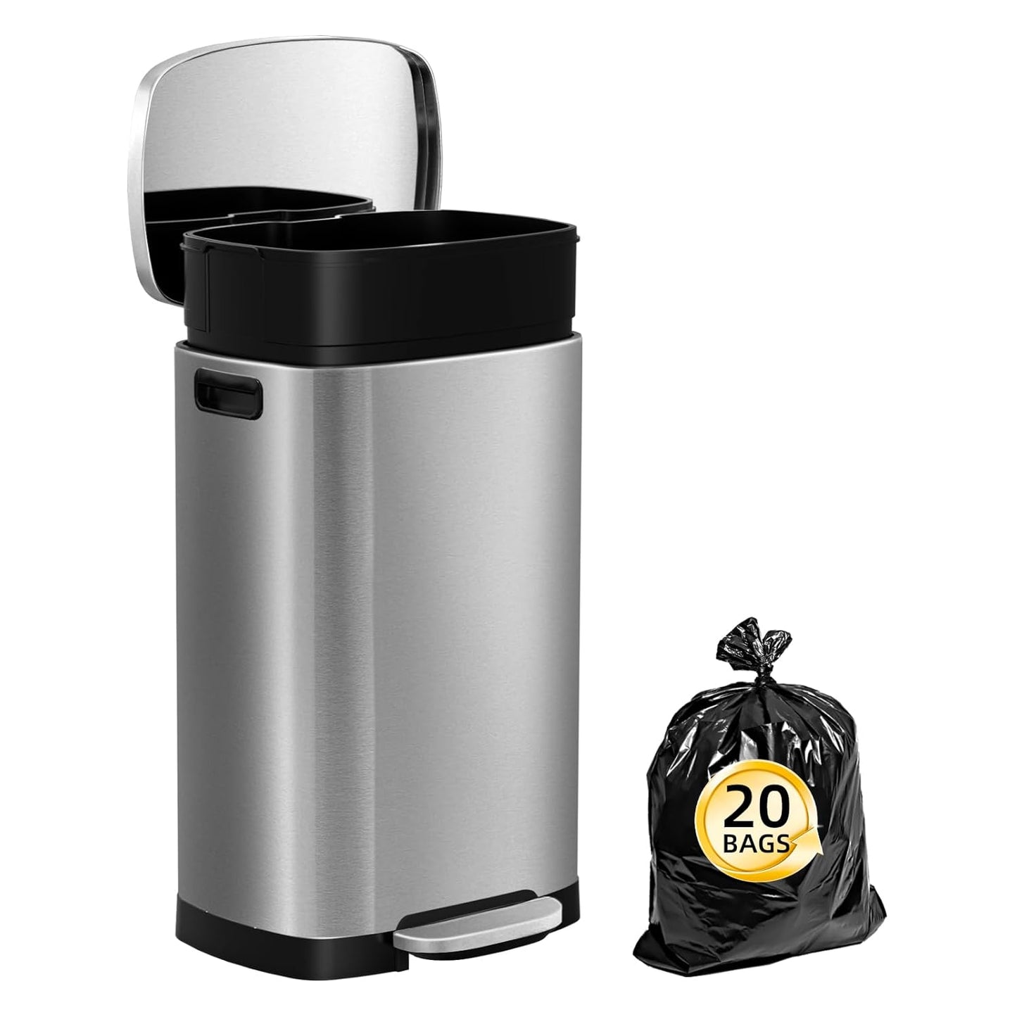 13 Gallon Trash Can with Lid, 50L Fingerprint Proof Stainless Steel Kitchen Trash Can with Removable Inner Bucket and Lid Soft Close, Pedal Rubbish Bin for Home Office