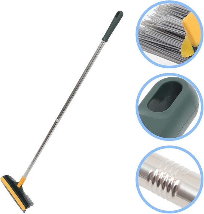 Upgraded Dual-Sided Bathroom Floor Scrub Brush with Long Handle, Tile and Grout Cleaning Brush for Shower and Corner Floors, Yellow-Green Non-Scratch Scrubber for Hard-to-Reach