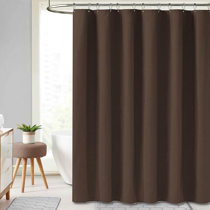 BTTN Fabric Shower Curtain, Linen Textured Heavy Duty Polyester Cloth Shower Curtain Set with Plastic Hooks, Brown, 72x84