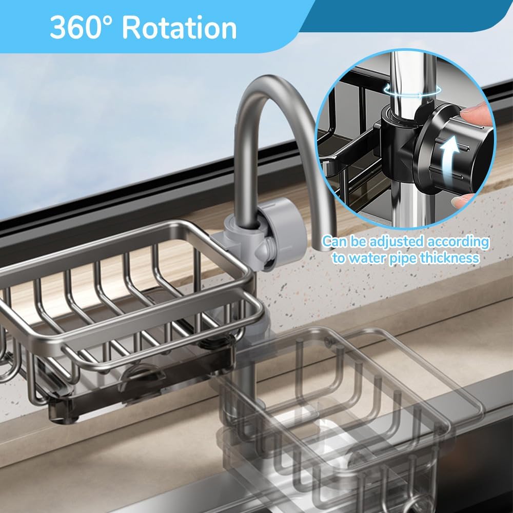 Sink organizer rack for kitchen and bathroom, Kitchen Sink Faucet Organizer with Drip Tray Faucet Sponge Holder (Black, Left)