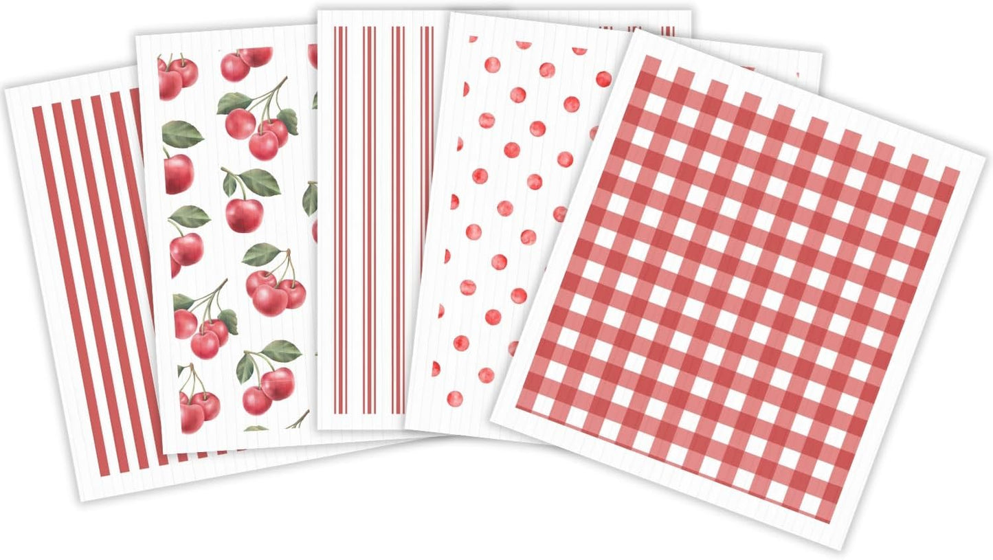 HALL & PERRY Swedish Dishcloths for Kitchen, 5-Pack, Reusable Cellulose Sponge Cloths for Kitchen & Cleaning – Eco-Friendly, Ultra-Absorbent, Quick-Drying (Cherry Red)