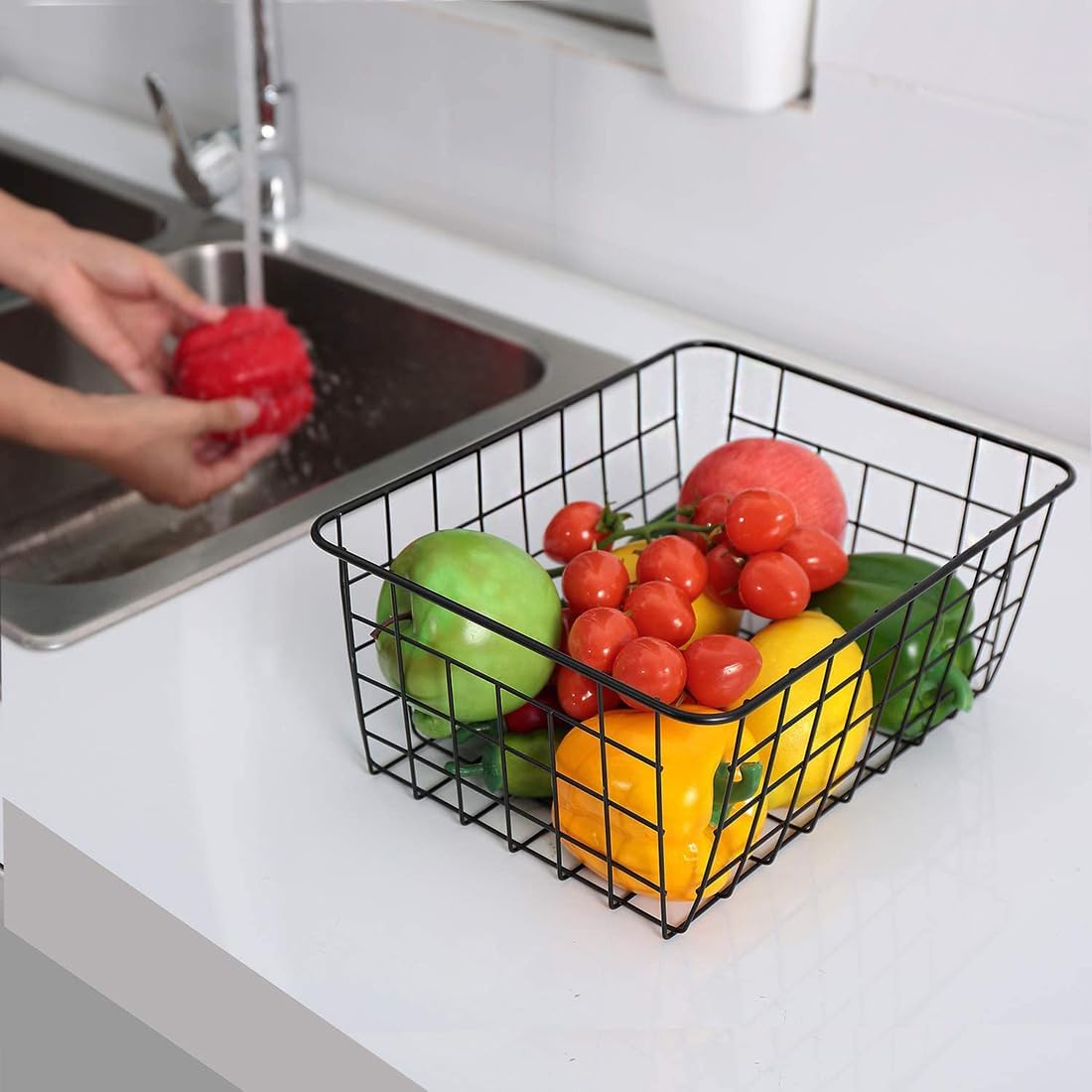 Kitchen Wire Baskets Farmhouse Decor Metal Food Storage Organizer, Household Refrigerator Bin with Built-in Handles for Cabinets,Pantry Set of 2 Black
