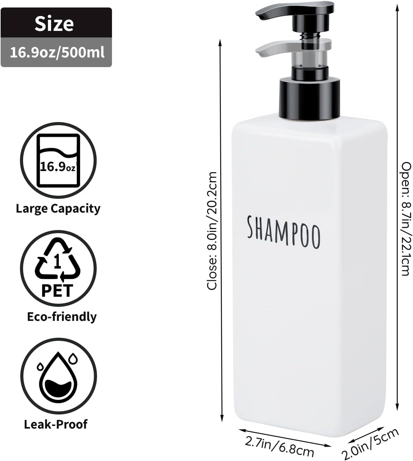 Segbeauty Plastic Soap Dispenser, 3pcs 16.9oz Refillable Shampoo Bottles White, 500ml Empty Square Pump Press Bottle Shower Dispenser Lotion Container for Modern Bathroom Hotel Kitchen