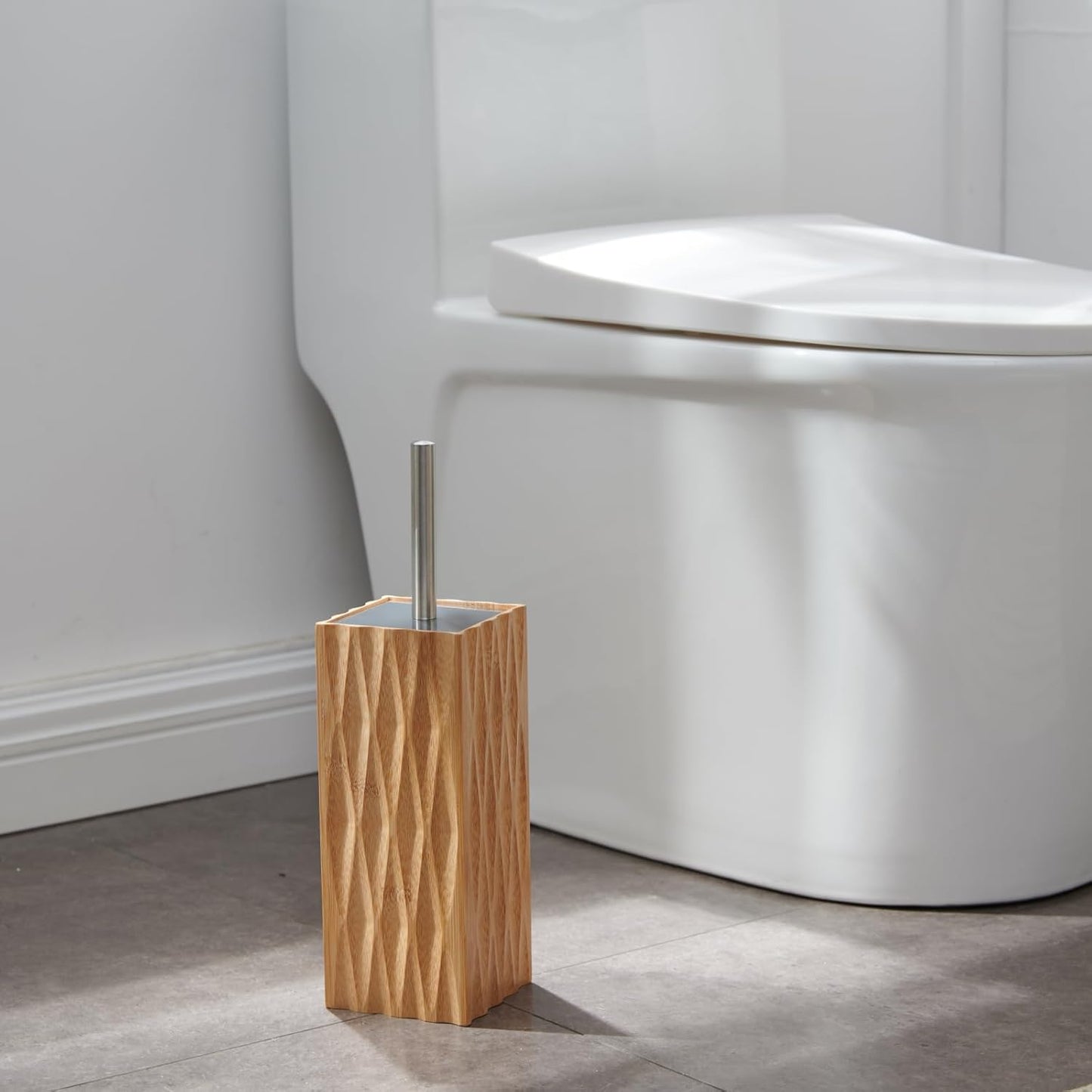 GOBAM Bamboo Toilet Bowl Cleaner with Holder for All Toilet Types, Hidden Stainless Steel Toilet Brush, Bathroom Cleaning Brushes, Toilet Accessories - Natural, with Pattern