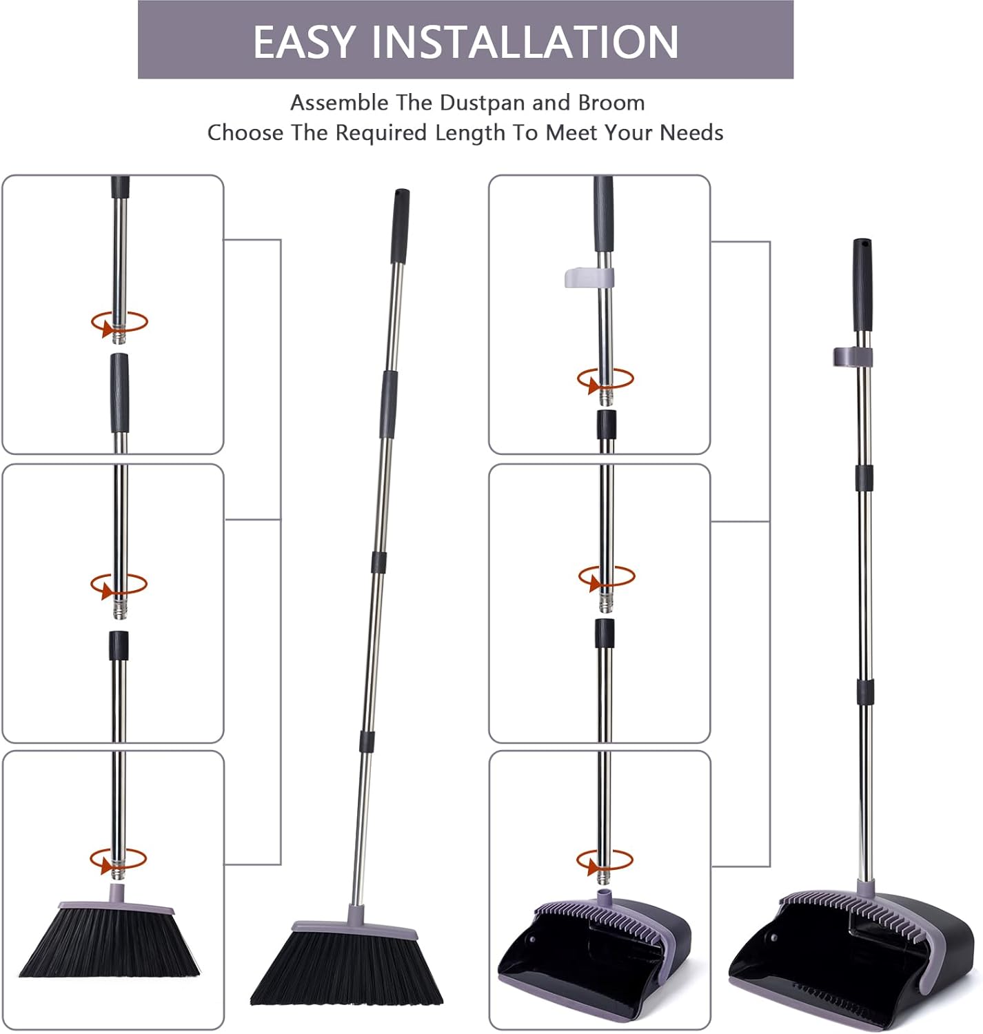 Broom and Dustpan Set, Dustpans with Broom Combo for Home, Heavy Dust Broom and Dustpan Combo, Long Handle Dust Pan and Broom Set for Kitchen, Office, Pet Hair, Charcoal Color, Pack of 1