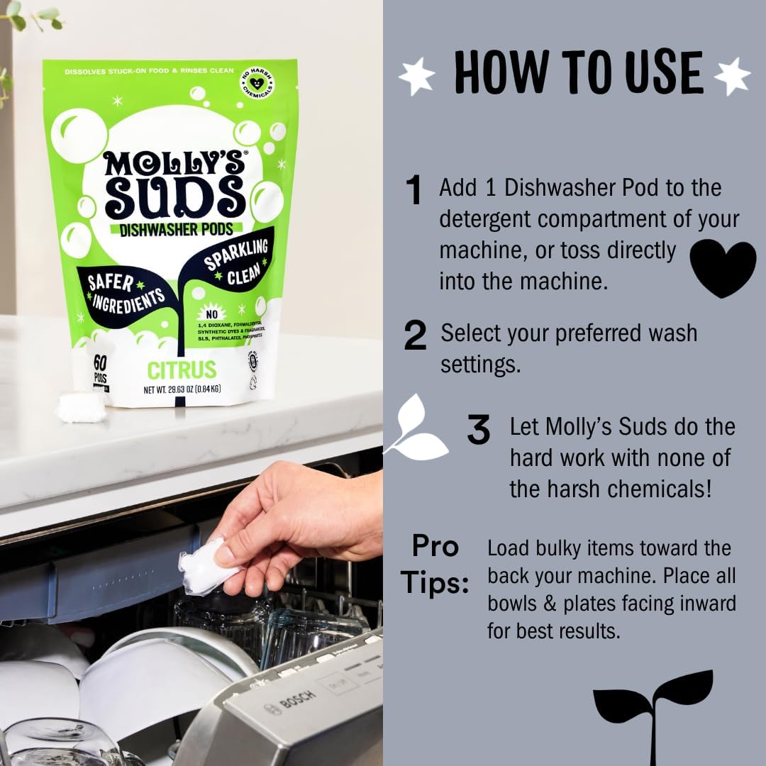 Molly's Suds Dishwasher Pods | Clean Dishwasher Detergent, Cuts Grease & Rinses Clean (Residue-Free) for Sparkling Dishes | 60 Auto-Release Tabs (Unscented)