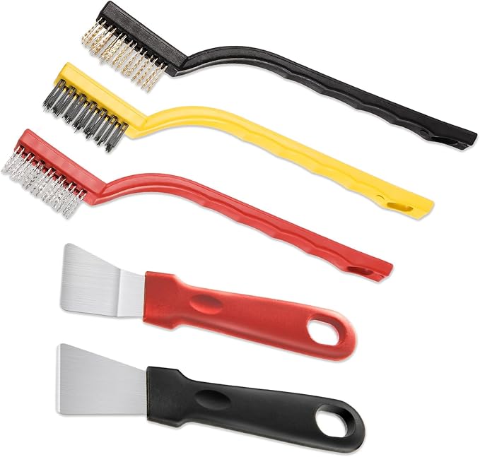 5 Pack Kitchen Stove Cleaning Brush + Scraper Tool Set, Stainless Steel and Nylon Brush Head Brushes Heavy Duty Scraper for Gas Burners Cooktop Pan Brass Kitchen, Bathroom, Range Hood Grease Grime