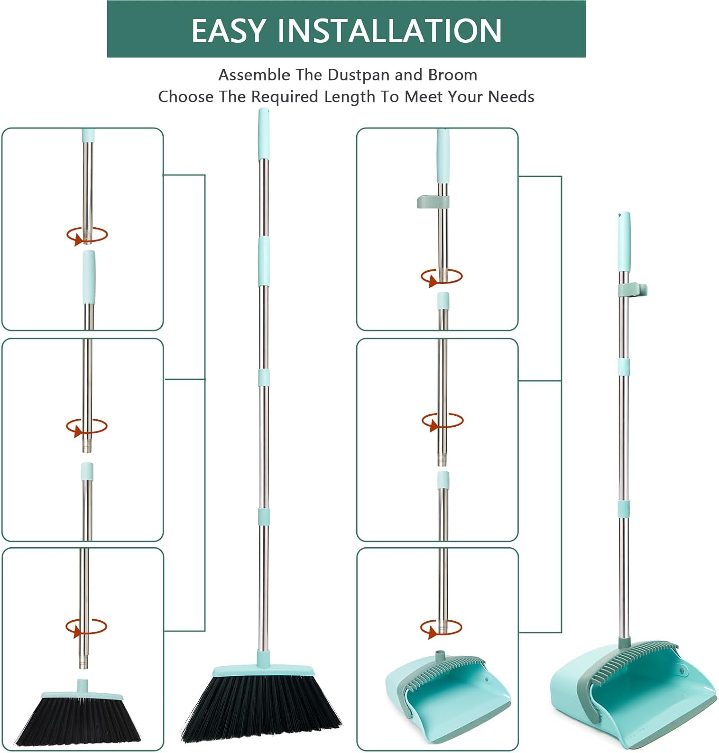 Broom and Dustpan Set, Dustpans with Broom Combo for Home, Heavy Dust Broom and Dustpan Combo, Long Handle Dust Pan and Broom Set for Kitchen, Office, Pet Hair,Green, Pack of 1