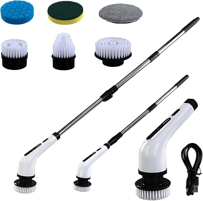 Electric Cleaning Brush, Long Handle Cordless Cleaning Scrubber, Strong Stains Remover, for Bathroom Kitchen Sink Toilet Bathtub Floor Tile Grout Glass Window