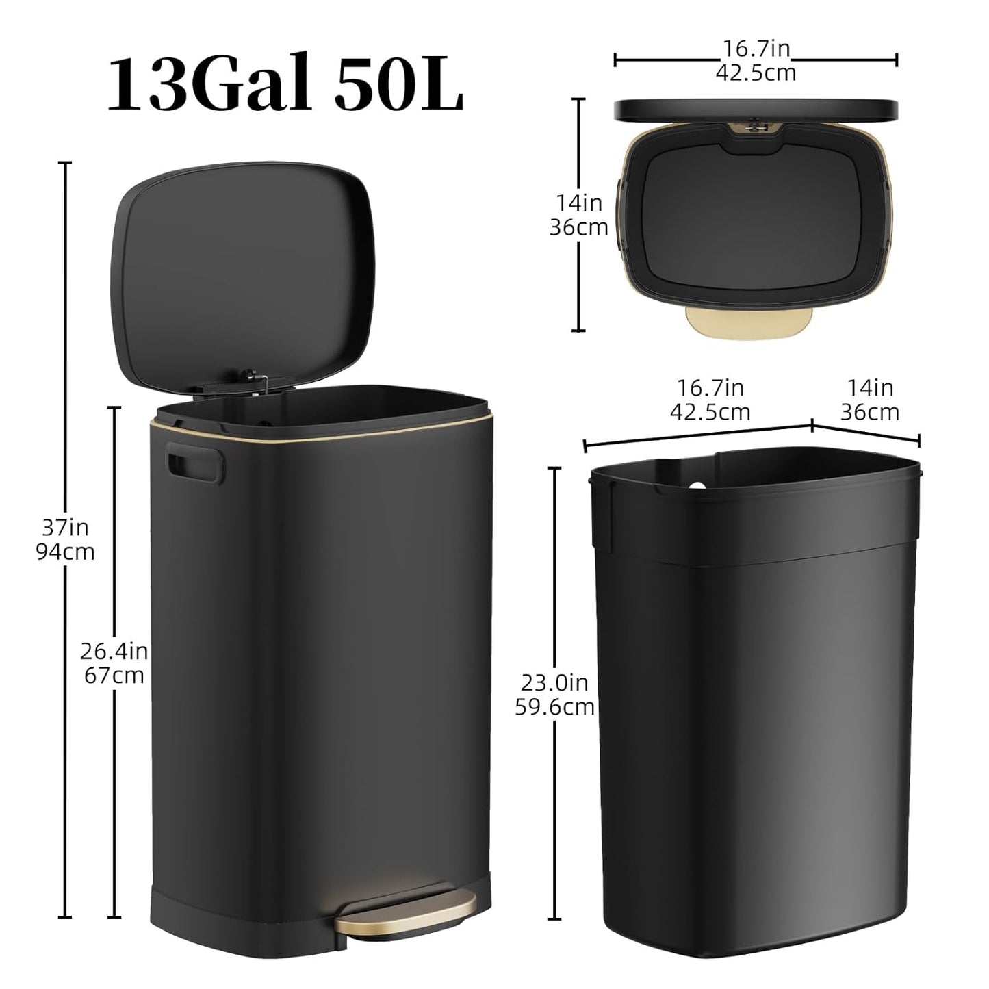 13 Gallon Trash Can with Lid, 50L Fingerprint Proof Stainless Steel Kitchen Trash Can with Removable Inner Bucket and Lid Soft Close, Pedal Rubbish Bin for Home Office, Black