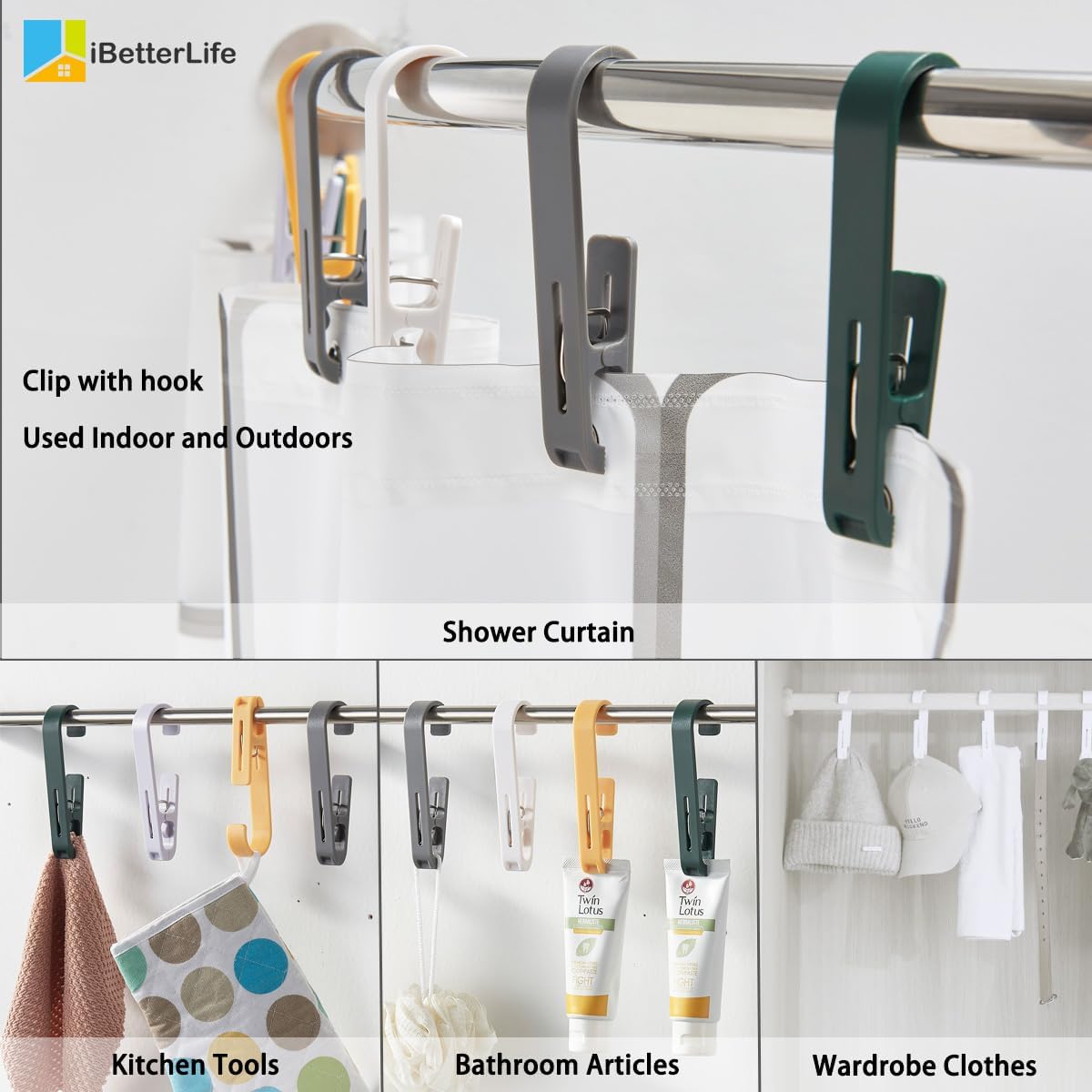iBetterLife Clothes Pins Laundry Hooks - Heavy Duty Outdoor Towel Hanger with Clips for Hanging Socks Boot Bras Shower Pegs Closet Organizer Clamps for Bathroom Wardrobe Kitchen Office, 4Pcs Gray