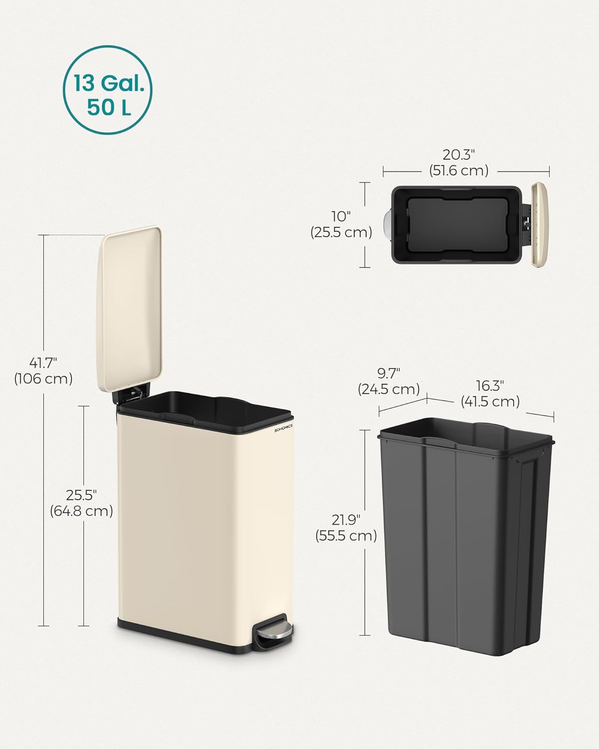 SONGMICS Slim Trash Can, 13-Gallon (50 L) Garbage Can for Narrow Spaces with Soft-Close Lid, Inner Bucket, and Step-on Pedal, Stainless Steel, 15 Trash Bags Included, Sand Beige ULTB510A01
