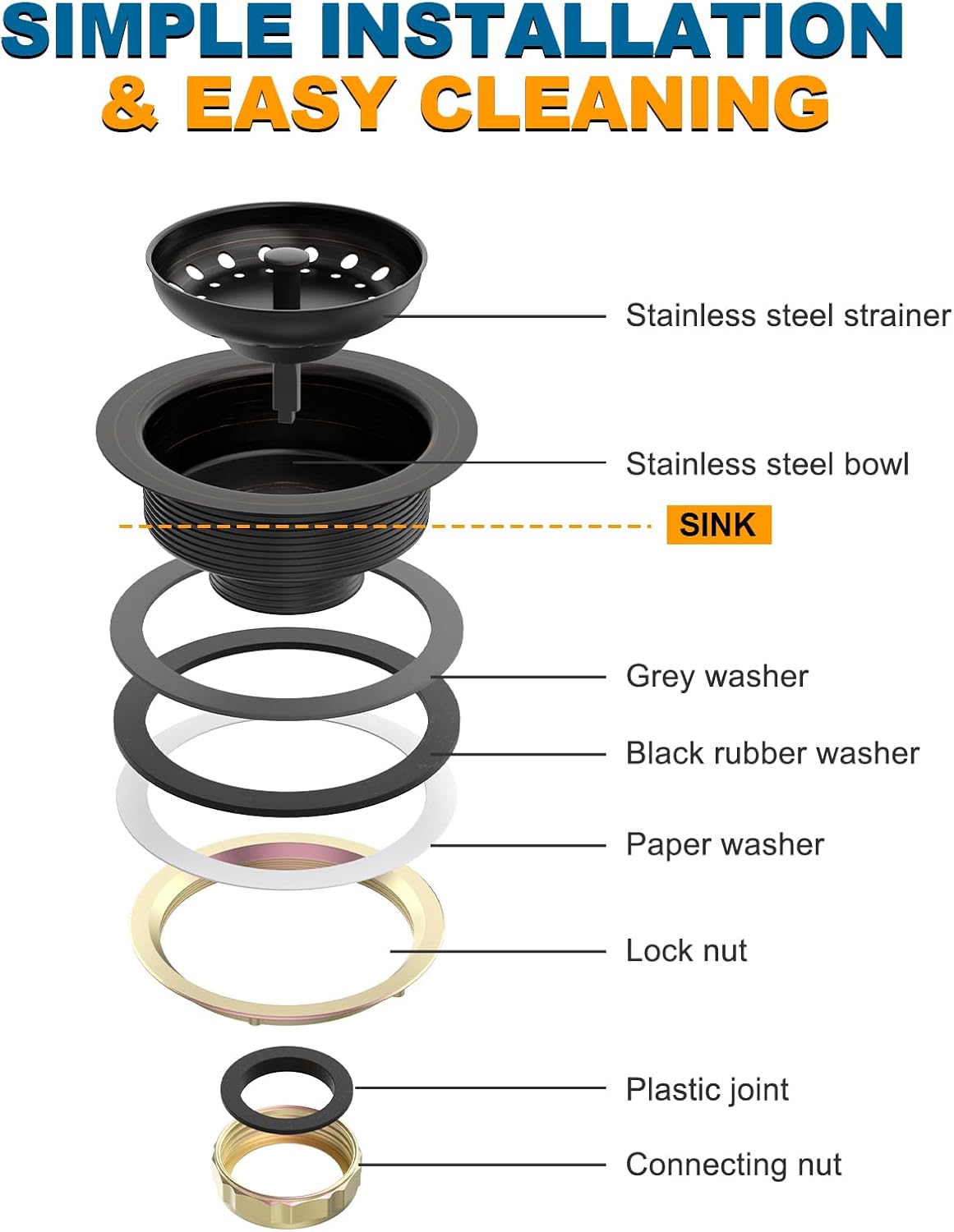 BOTEMY Stainless Steel Bronze Sink Drain Strainer Kit 3-1/4 inch Kitchen Drain Assembly with Metal Center Knob Basket Stopper Replacement for Standard Kitchen Sinks, Oil Rubbed Bronze