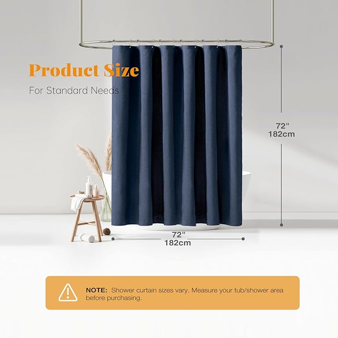 BTTN Navy Blue Shower Curtain - Linen Textured Heavy Duty Waterproof Cloth Shower Curtain Set with 12 Plastic Hooks, Hotel Spa Luxury Simple Decorative Thick Fabric Shower Curtain for Bathroom, 72x72