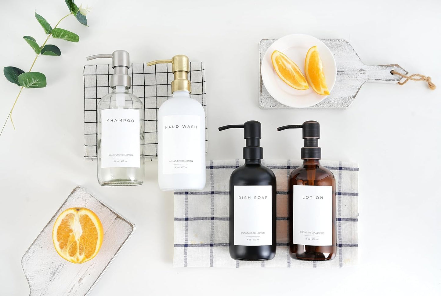 Emerson Essentials Soap Dispenser, Hands and Dishes Bottles, Kitchen Set, Glass Boyylrd with Pump and Labels,16 Ounces, 2-Pack