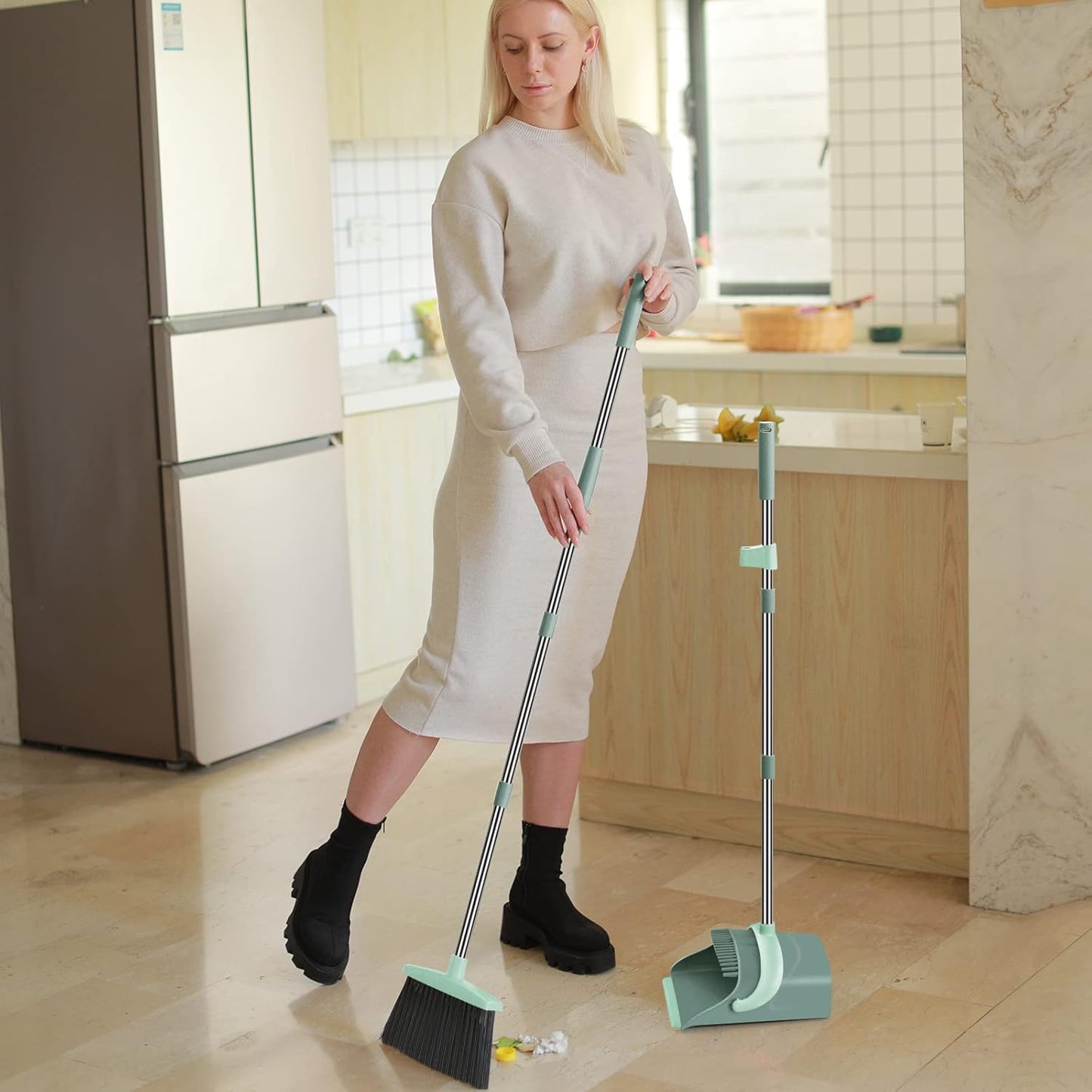 Broom and Dustpan Set for Home, Dust pan with Long Handle, Broom with Dustpan Combo Set, for Home Kitchen Room Office Lobby Floor Use Upright Stand Up Sweeping (Gray&Green)