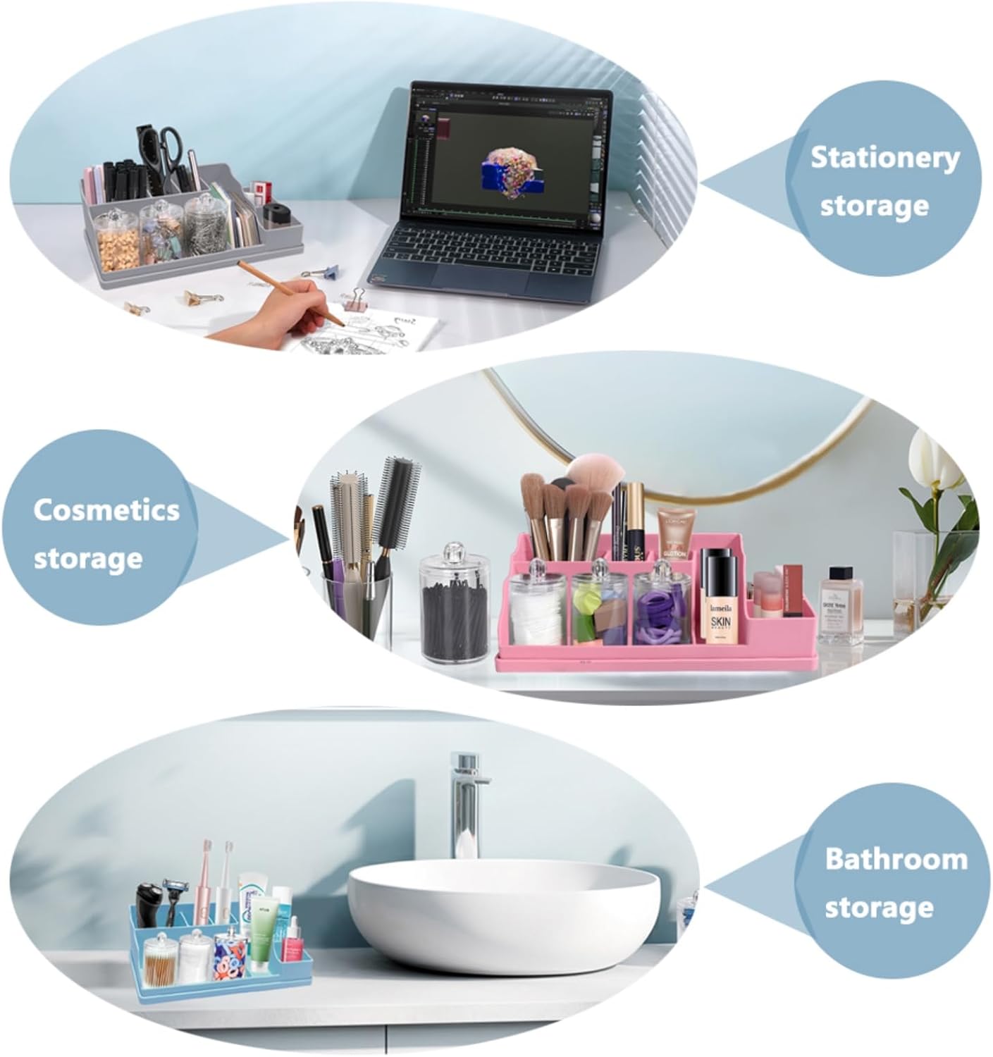 Silicone Multifunctional Bathroom Organizer Countertop,7Compartment Silicone Cosmetics Storage Organizer, Bathroom Countertop Accessories Storage,Toothbrush Stand for Vanity Office Sink, Blue