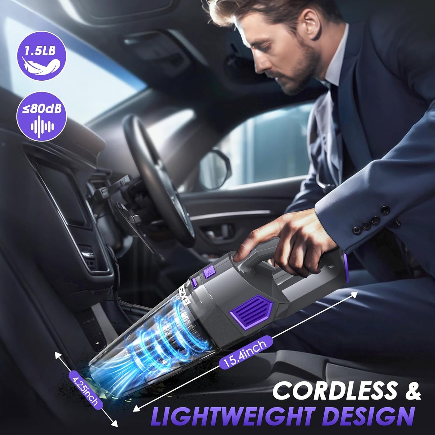 Handheld Vacuum Cordless, 15000PA Strong Suction Hand Held Car Vacuum Cleaner Rechargeable, Portable Hand Vacuum with Multi-Nozzles & Washable Filter for Home Office, Car, Pets