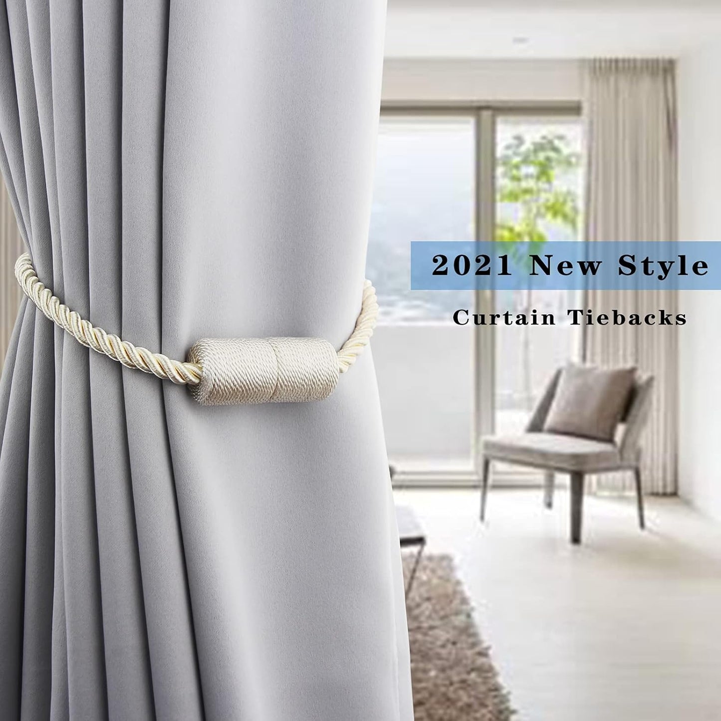 2 Pack Beige Strong Magnetic Curtain Tiebacks Outdoor Elegant Decorative Tie Backs Modern Rope Tiebacks for Drapes Window Curtain Holdbacks for Draperies