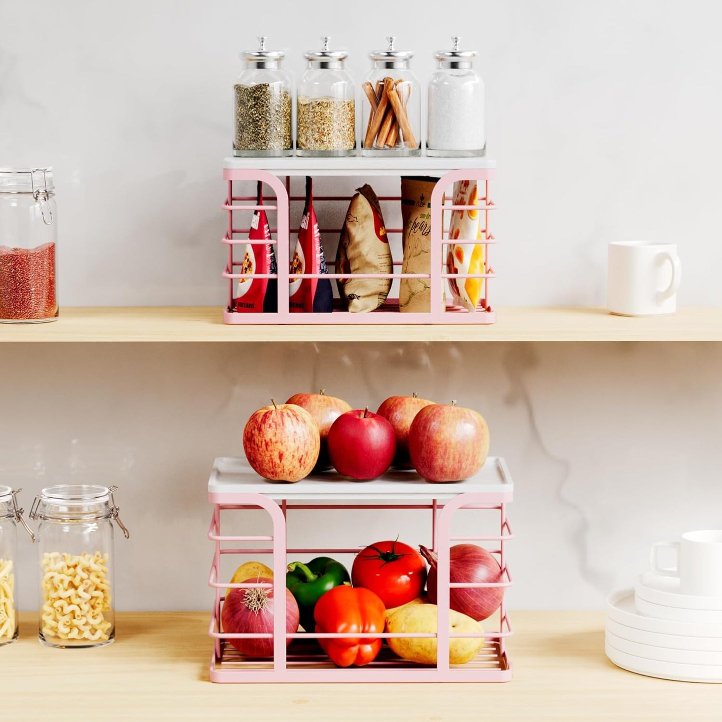 2 Pack Trash Bag Holder with Bamboo Top,Stackable Storage Bathroom Organizer Kitchen Laundry Pantry Organizers for Countertop Organization,Pink