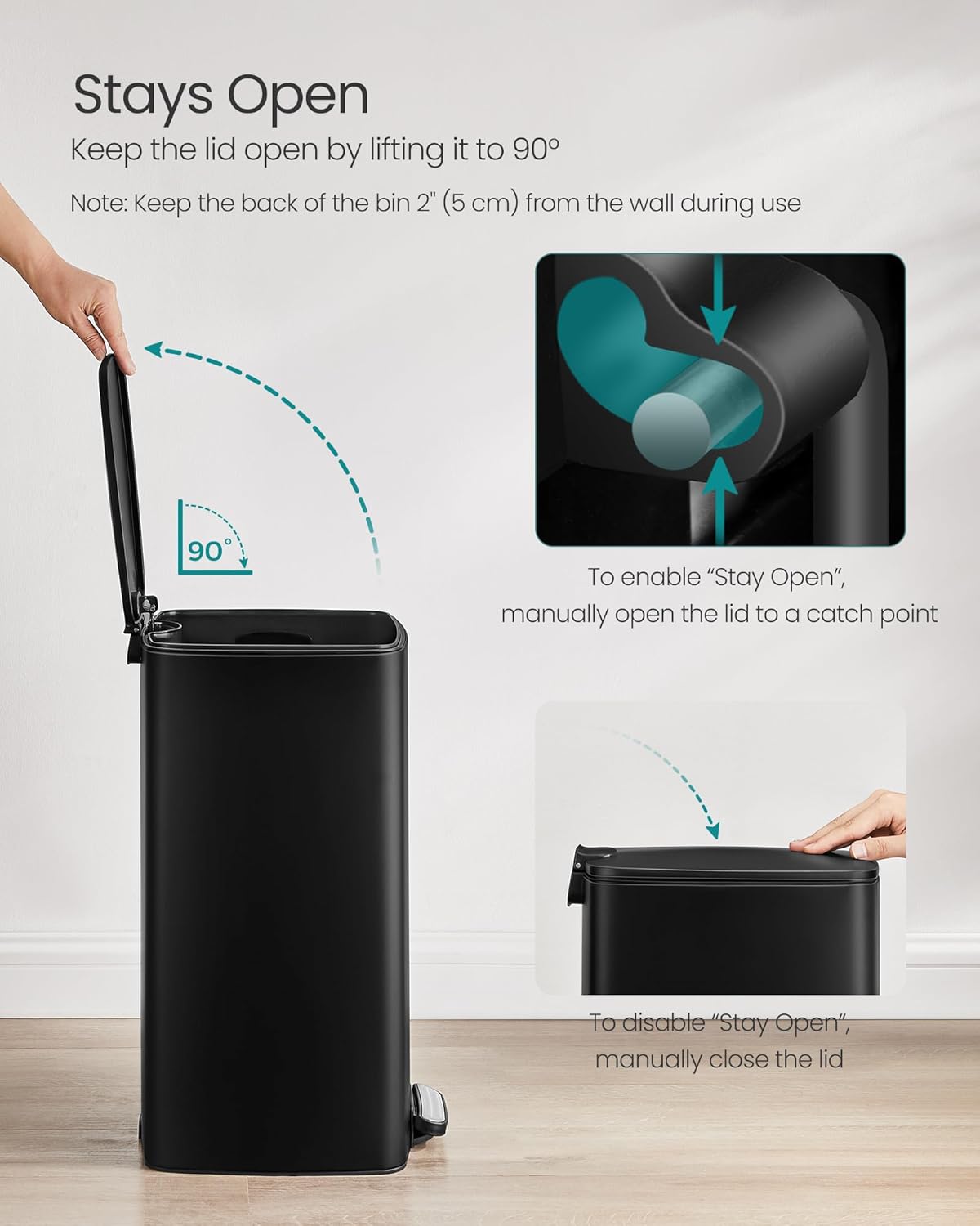 SONGMICS Kitchen Trash Can, 8-Gallon (30 L) Trash Bin, Stainless Steel Garbage Can, with Inner Bucket, Soft Close and Stays Open, Ink Black ULTB593B01