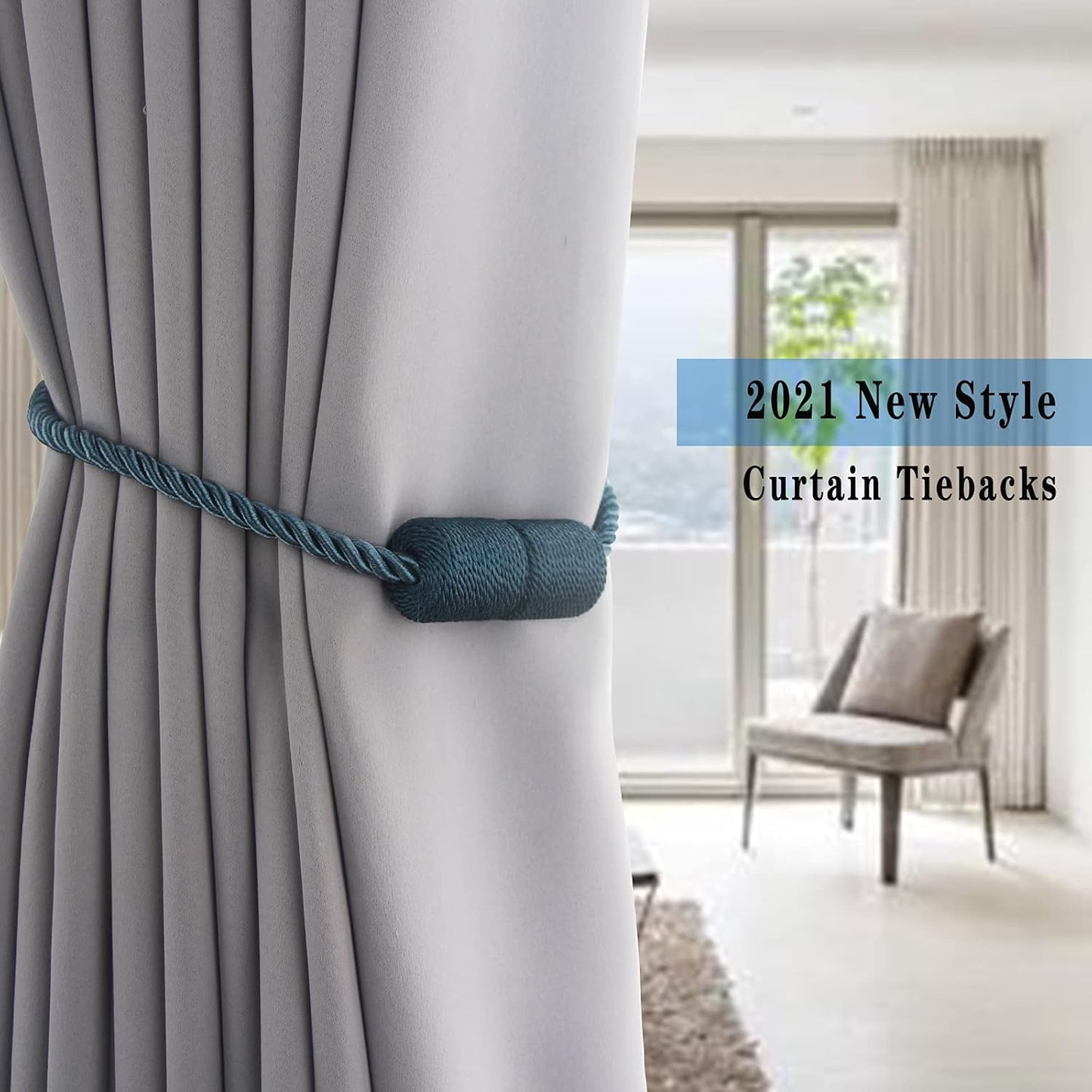 2 Pack Strong Magnetic Curtain Tiebacks Outdoor Elegant Decorative Tie Backs Modern Rope Tiebacks for Drapes Window Curtain Holdbacks for Draperies- Blue