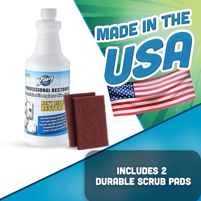 ZAP! Professional Tile & Grout Restorer | Cleans & Restores Porcelain, Fiberglass, Tile, & Grout Surfaces | Rust & Hard Water Remover | Kitchens & Bathroom Porcelain Sinks, Toilets, & Tubs