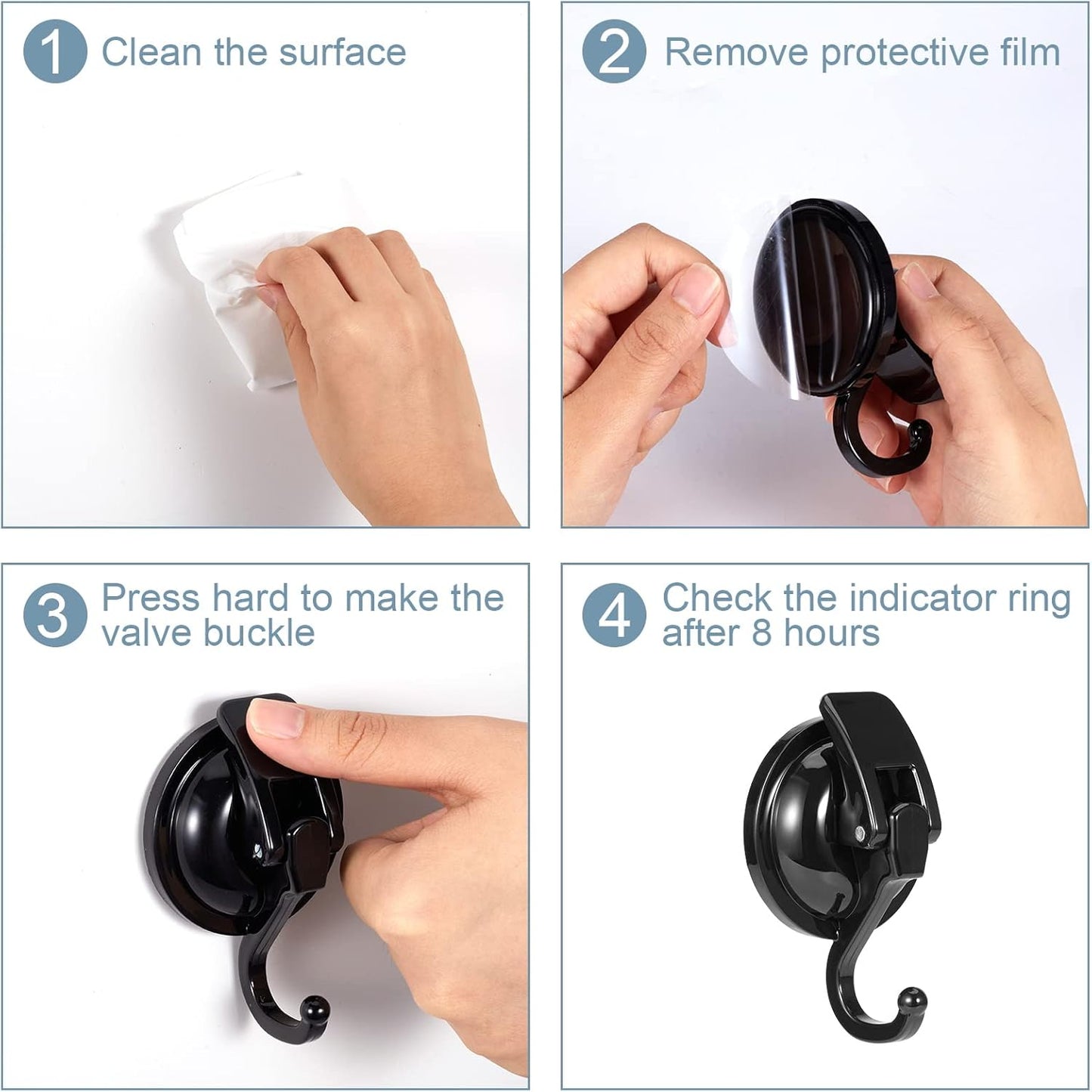 Wreath Cup Hook, Easy to Install and Remove, No Hole Punched,Black- Plated Plished Super Suction Hanger for Kitchen,Bathroom and Restroom,4Pack