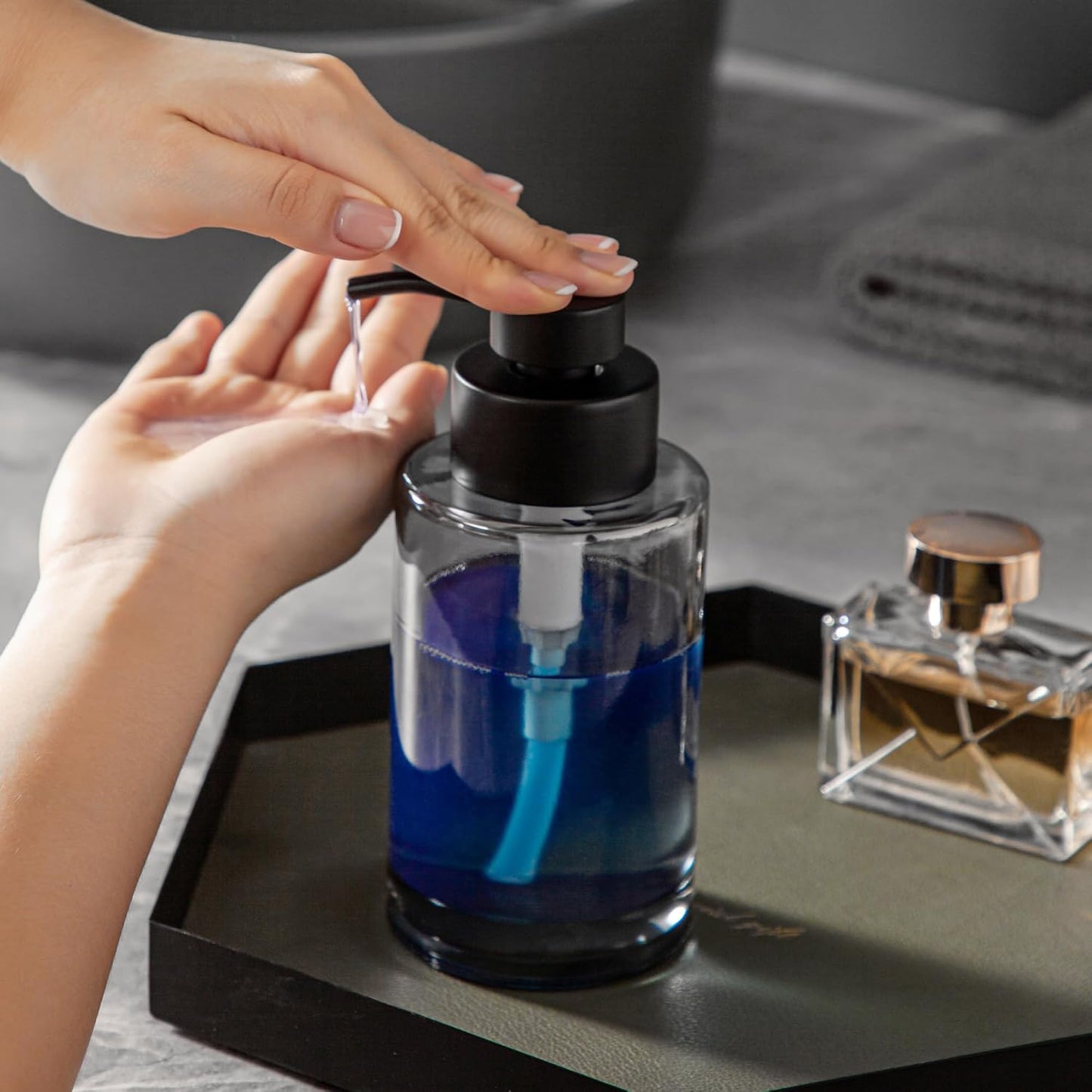 Enra Thick Glass Soap Dispenser with Stainless Steel Pump, 12oz Black Bathroom & Kitchen Hand Liquid Soap Dispenser