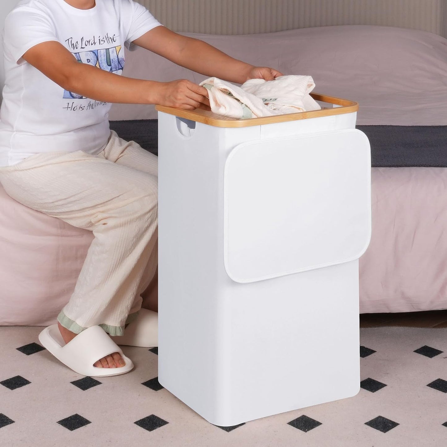 efluky Laundry Hamper with Lid, 100L Tall Laundry Basket with Bamboo Handles for Clothes and Toys, Collapsible Laundry Hamper with Inner Bag for Bedroom and Bathroom, White
