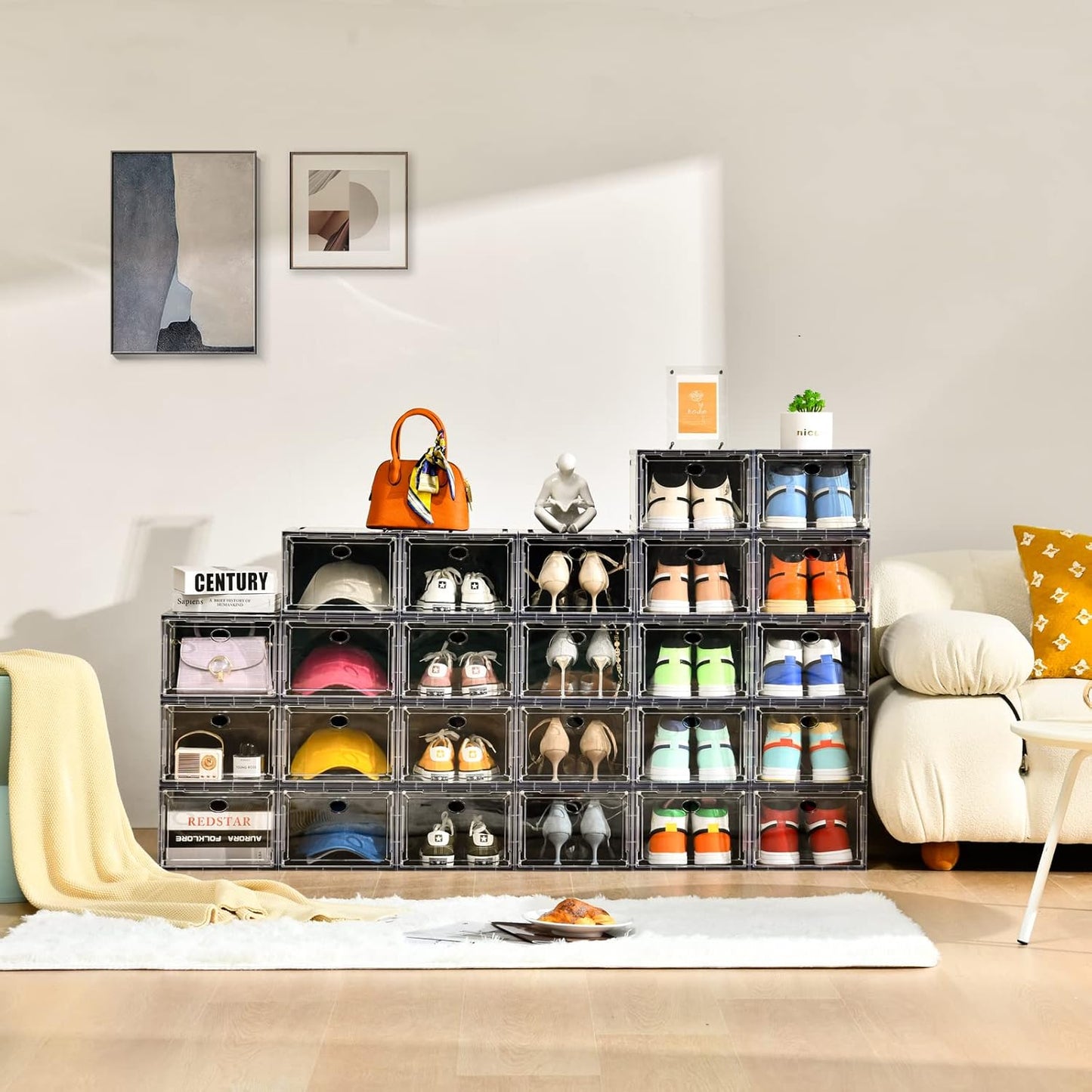 10 Pack Shoe Boxes Stackable,Upgraded Sturdy Storage Boxes with Clear Magnetic Door,Multifunctional Sneaker Organizer Fit up to US Size 12 (13.8”x 9.84”x 7.1”)