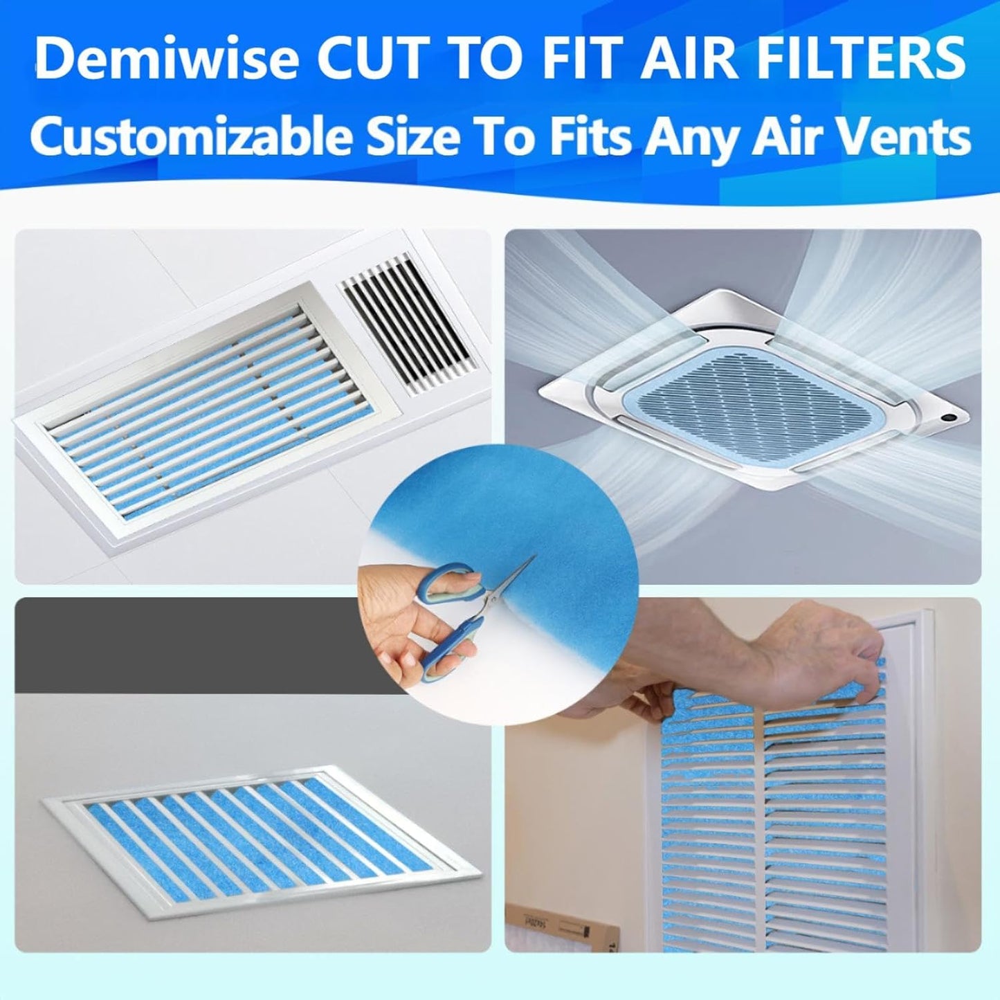 18" x 90" Air Vent Filters, Cut to Fit Air Filter (55+ Filters), MERV 8 Triple Vent Filter for Home Floor, Ceiling, RV, HVAC Furnace Vents, With Adhesive Hook Tape and Installation Tape