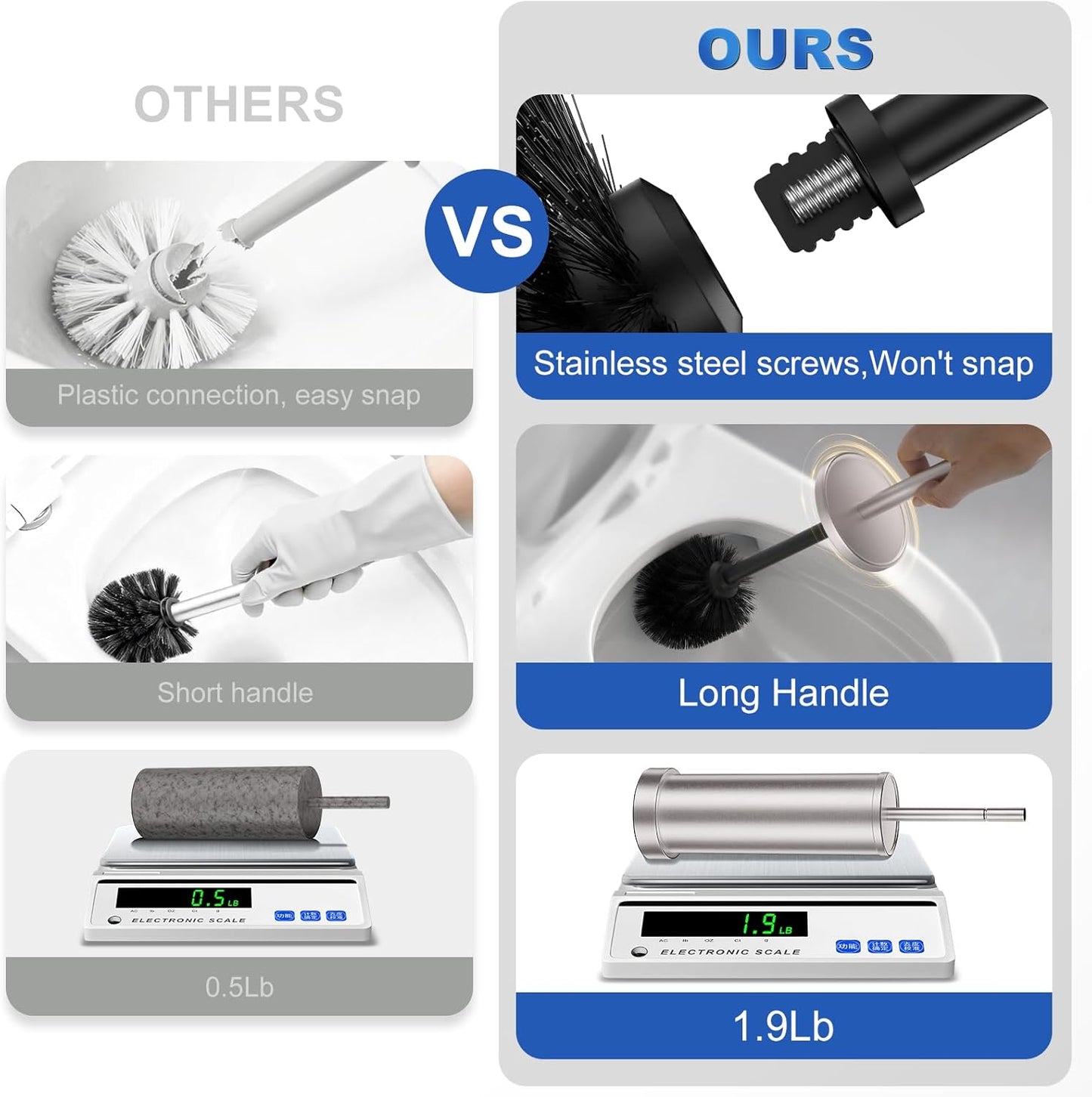 Brushed Nickel Toilet Brush and Holder Set, 304 Stainless Steel Toilet Brush for Bathroom, Heavy Duty Toilet Bowl Brush with Holder, Removable Inner Bowl and Splash Protection, Long Handle