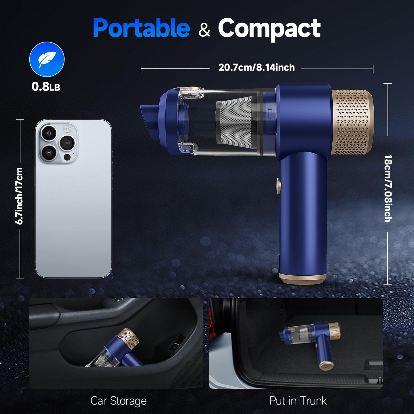 Car Vacuum Cleaner, 16000PA Mini Car Vacuum Cordless Powerful, 7 in 1 Portable Handheld Vacuum Cordless with LED Light, Dual Filters, One-Touch Empty for Pet Hair, Home, Office