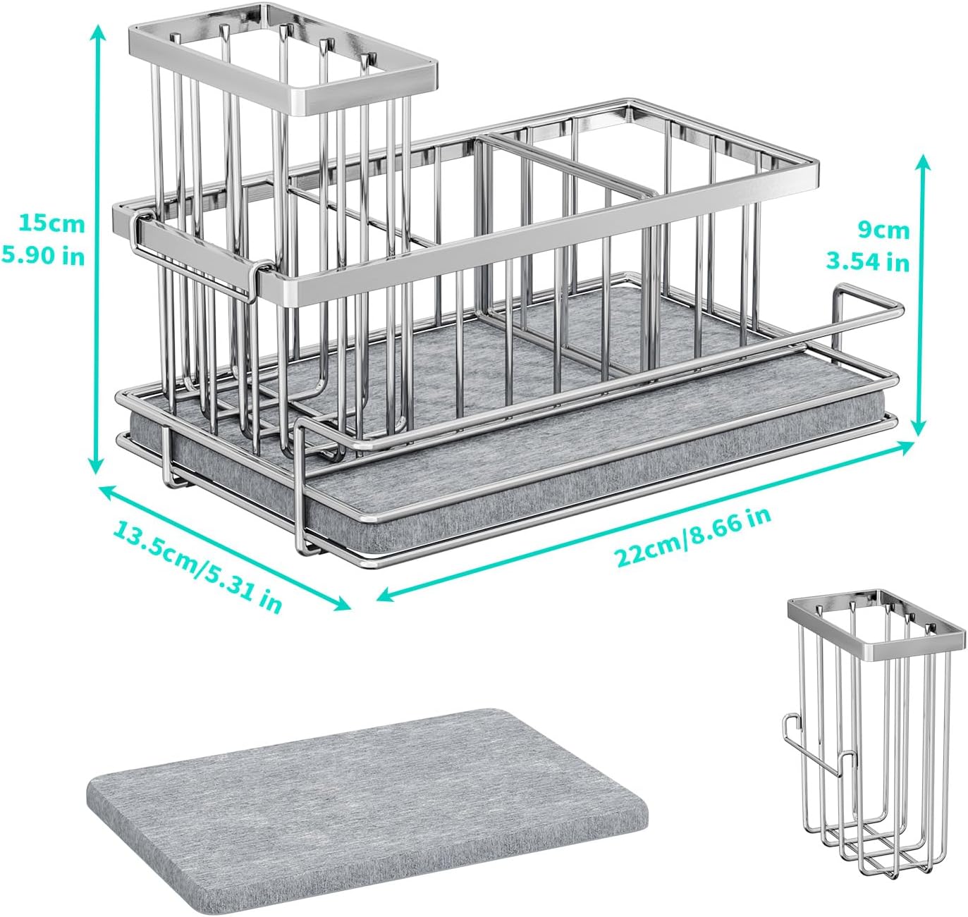 HapiRm Sink Caddy Sponge Holder - Kitchen Sink Organizer with Instant Drying Stone and Brush Holder, Stainless Steel Sponge Caddy for Kitchen Countertop - Silver