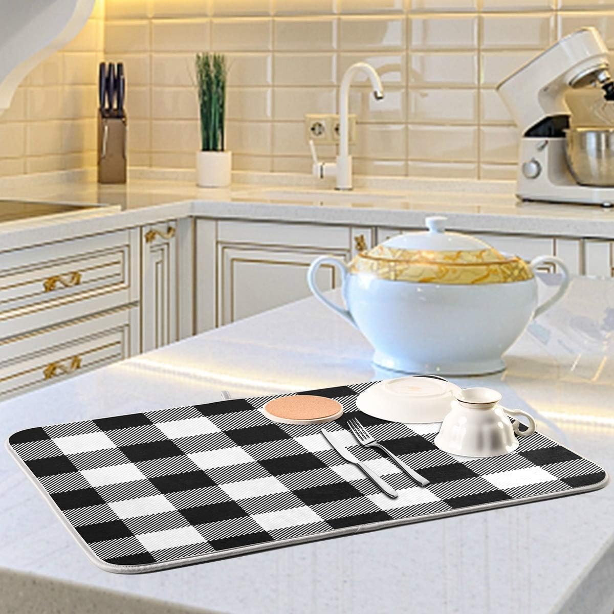 White and Black Buffalo Plaid Dish Drying Mat 18x24 for Kitchen Classic Buffalo Check Dishes Pad Dish Drainer Rack Mats Absorbent Fast Dry Kitchen Accessories
