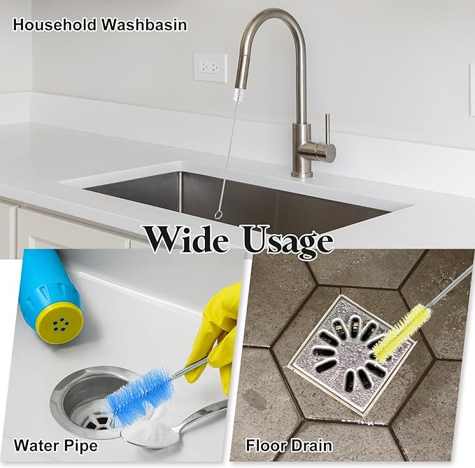 HARFINGTON 3pcs Flexible Long Drain Brush Straw Cleaner Set 35.43" Stainless Steel Double Ended Hose Brush with 8" Nylon Long Tube Pipe Cleaning for Fish Tank Sink Pipe, Blue