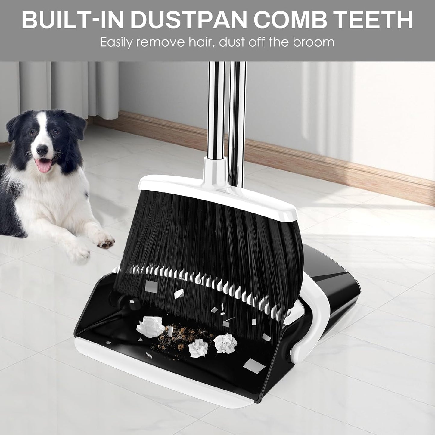 Broom and Dustpan Set for Home, 51-in Long Adjustable Handle Angle Broom and Dustpan Combo Set with Dust Pan Teeth to Clean Hair for Home Kitchen Office Lobby Floor Garden (Black&White)