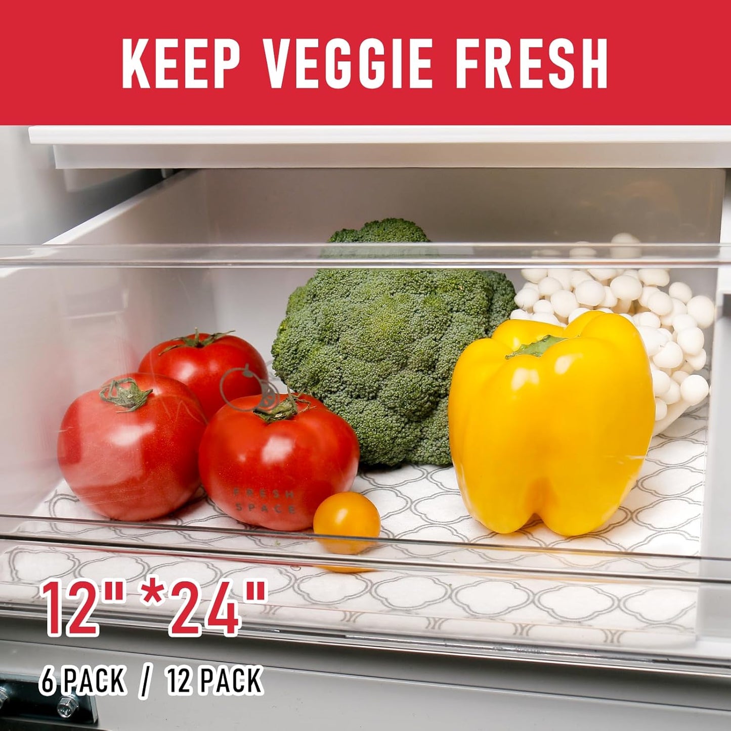Cooyes Non Slip Refrigerator Liners, 2-in-1 Fridge Mats and Fresh-Keeping Shelf Liners, Absorbs Excess Moisture, BPA-Free, Multiple Sizes for Glass Shelves Kitchen Cabinets Drawers, 6 Pack, 12" × 24"